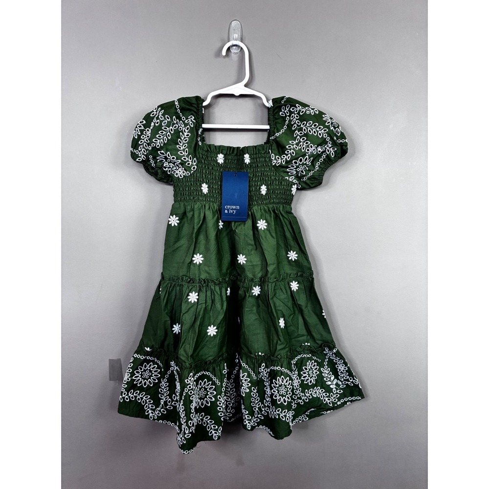 Crown & Ivy Kids Girls Green Floral Eyelet Smocked Tiered Dress Size 6 NEW - Picture 2 of 7
